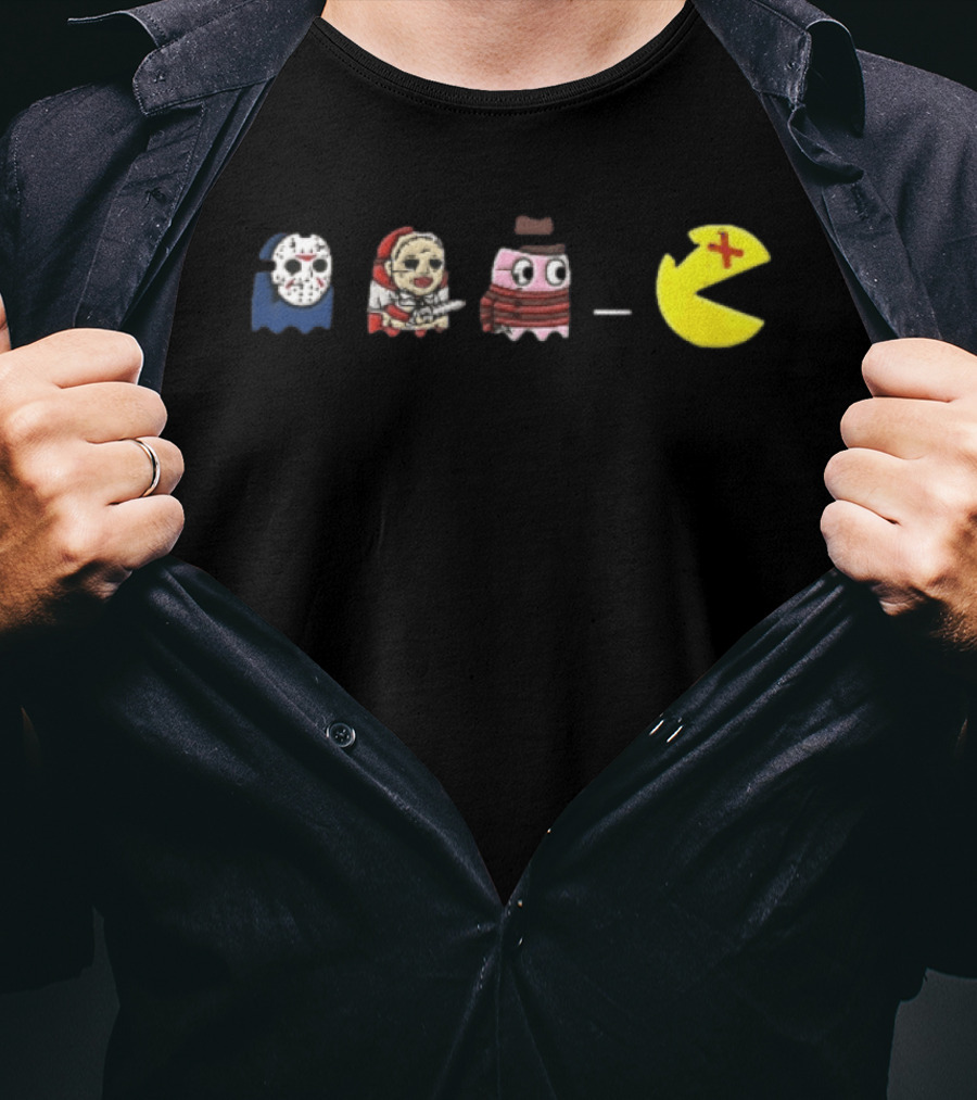 Horror Movie Ghosts Jason Freddy Chasing Stabbed Pac Man T-Shirt