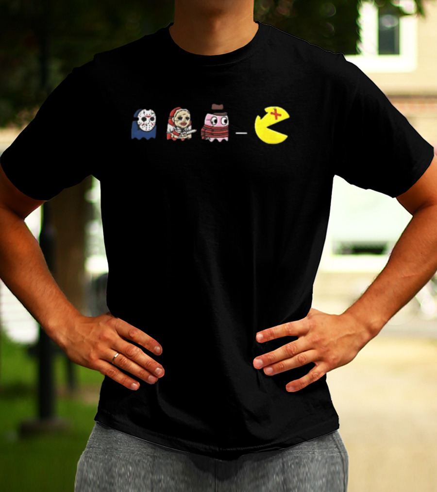 Horror Movie Ghosts Jason Freddy Chasing Stabbed Pac Man T-Shirt