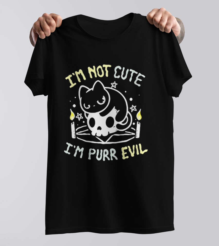 I'm Not Cute I'm Purr Evil Cat On Skull With Pentagram And Candles T-Shirt
