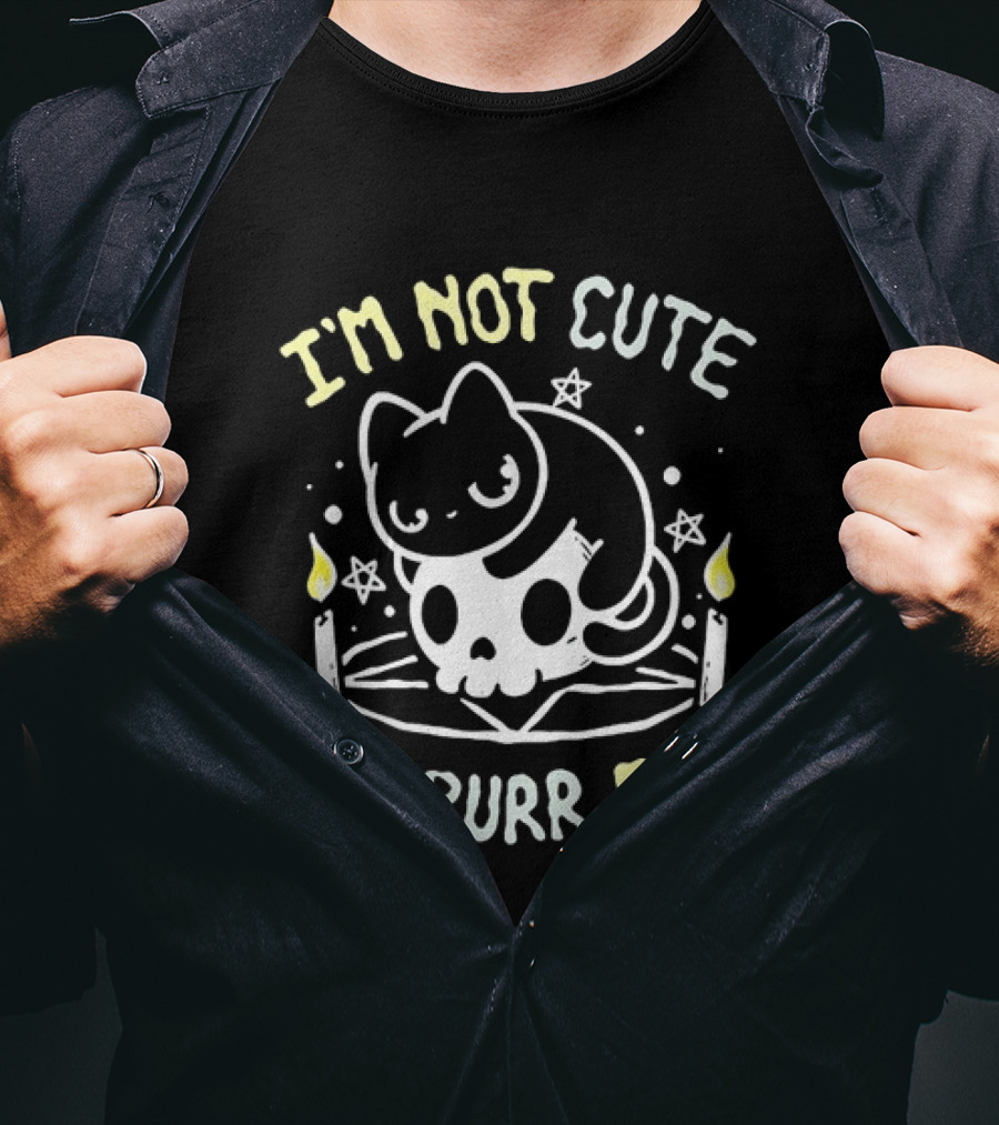 I'm Not Cute I'm Purr Evil Cat On Skull With Pentagram And Candles T-Shirt