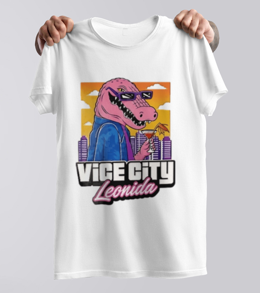Vice City Leonida Pink Alligator Sunglasses Cocktail Cityscape T-Shirt