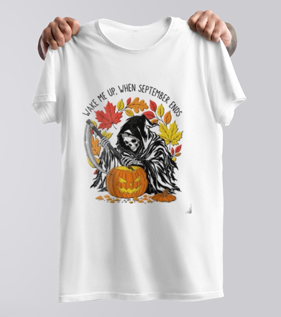 Wake Me Up When September Ends Grim Reaper Carving Jack O Lantern Autumn Leaves T-Shirt