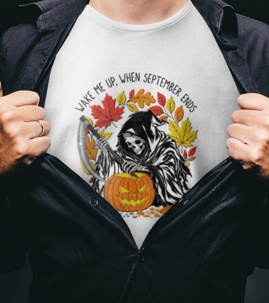 Wake Me Up When September Ends Grim Reaper Carving Jack O Lantern Autumn Leaves T-Shirt