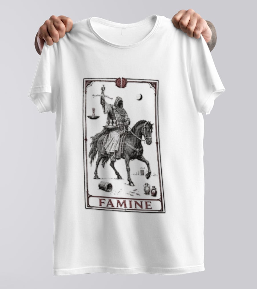 Famine Hooded Rider On Black Horse With Scales Tarot Card T-Shirt