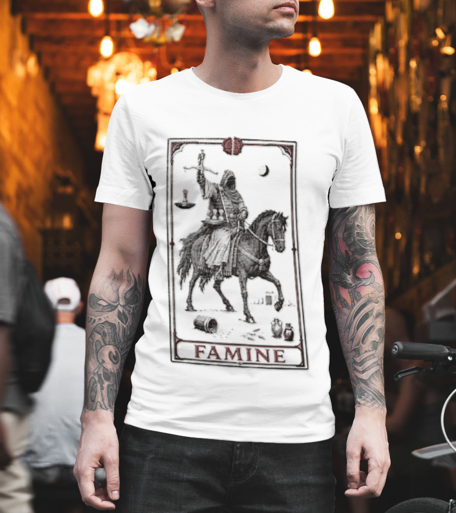 Famine Hooded Rider On Black Horse With Scales Tarot Card T-Shirt
