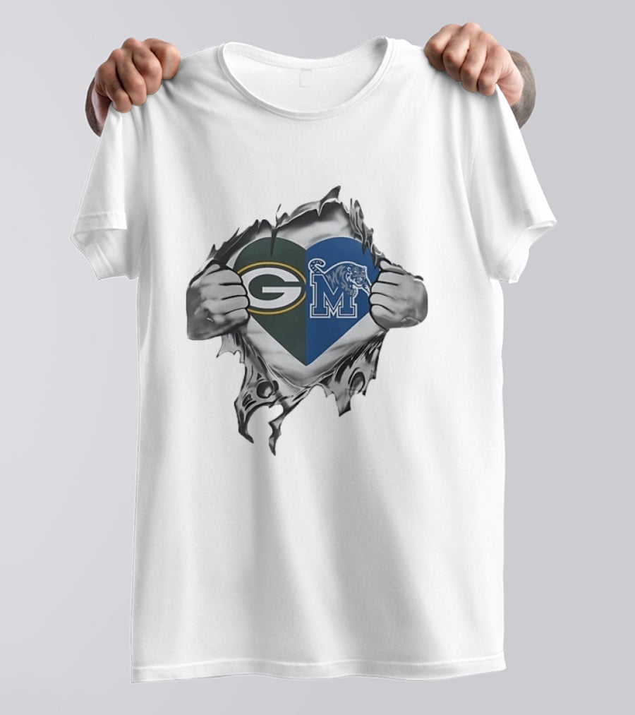 Green Bay Packers Memphis Tigers Heart Symbol Fusion T-Shirt
