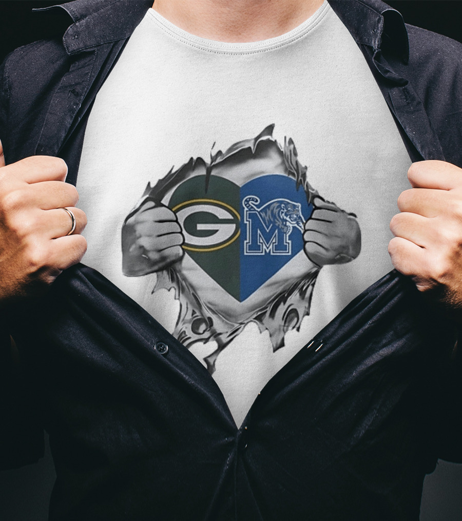 Green Bay Packers Memphis Tigers Heart Symbol Fusion T-Shirt