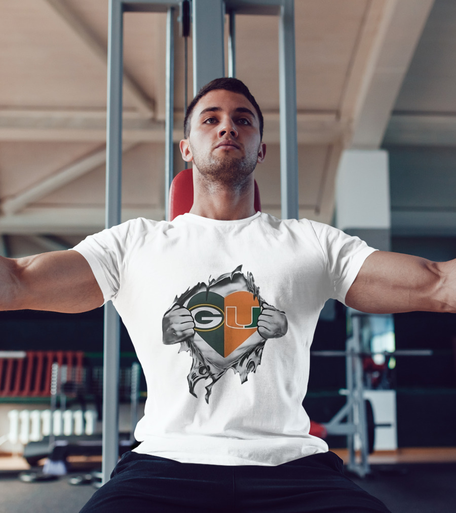 Green Bay Packers Miami Hurricanes Heart G U Logo Tear T-Shirt