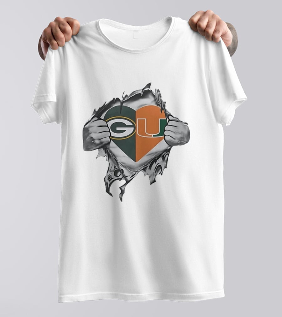 Green Bay Packers Miami Hurricanes Heart G U Logo Tear T-Shirt
