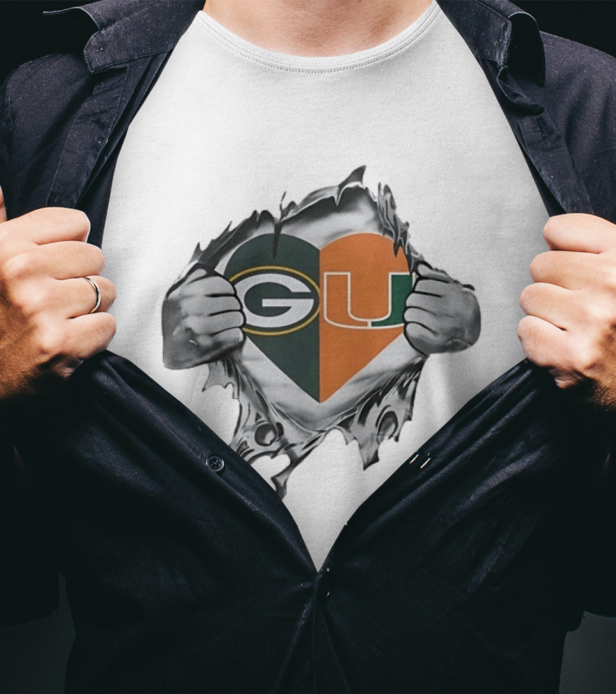 Green Bay Packers Miami Hurricanes Heart G U Logo Tear T-Shirt