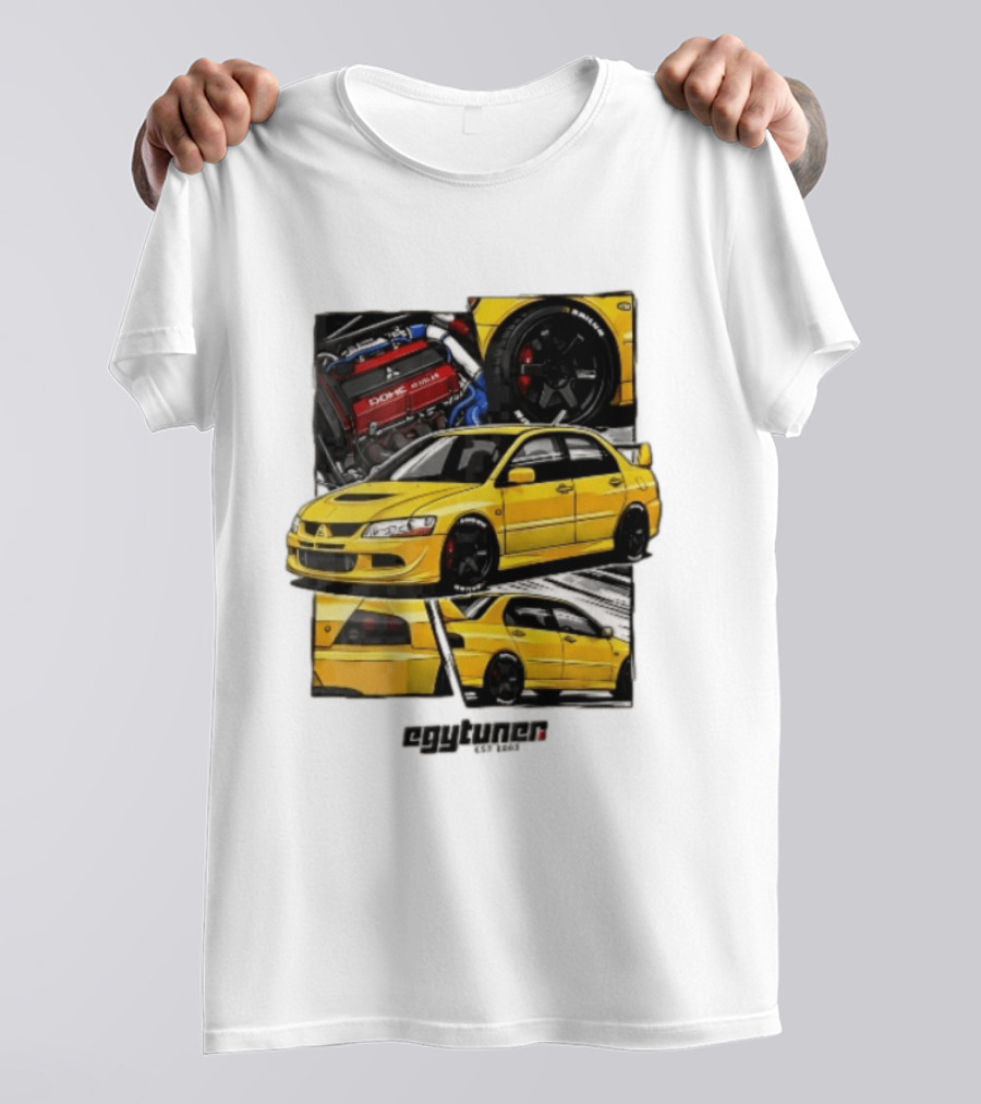 Mitsubishi Egytuner Est 2003 Yellow Lancer Evolution Engine Wheel Panels T-Shirt