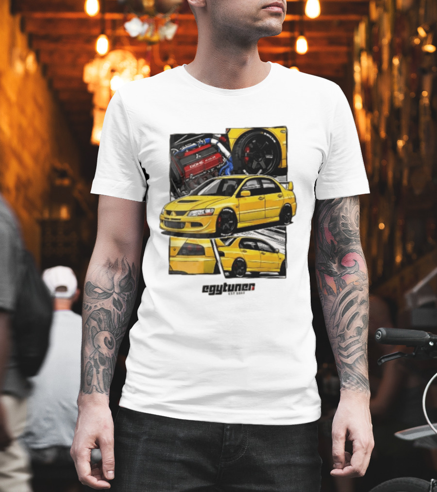 Mitsubishi Egytuner Est 2003 Yellow Lancer Evolution Engine Wheel Panels T-Shirt
