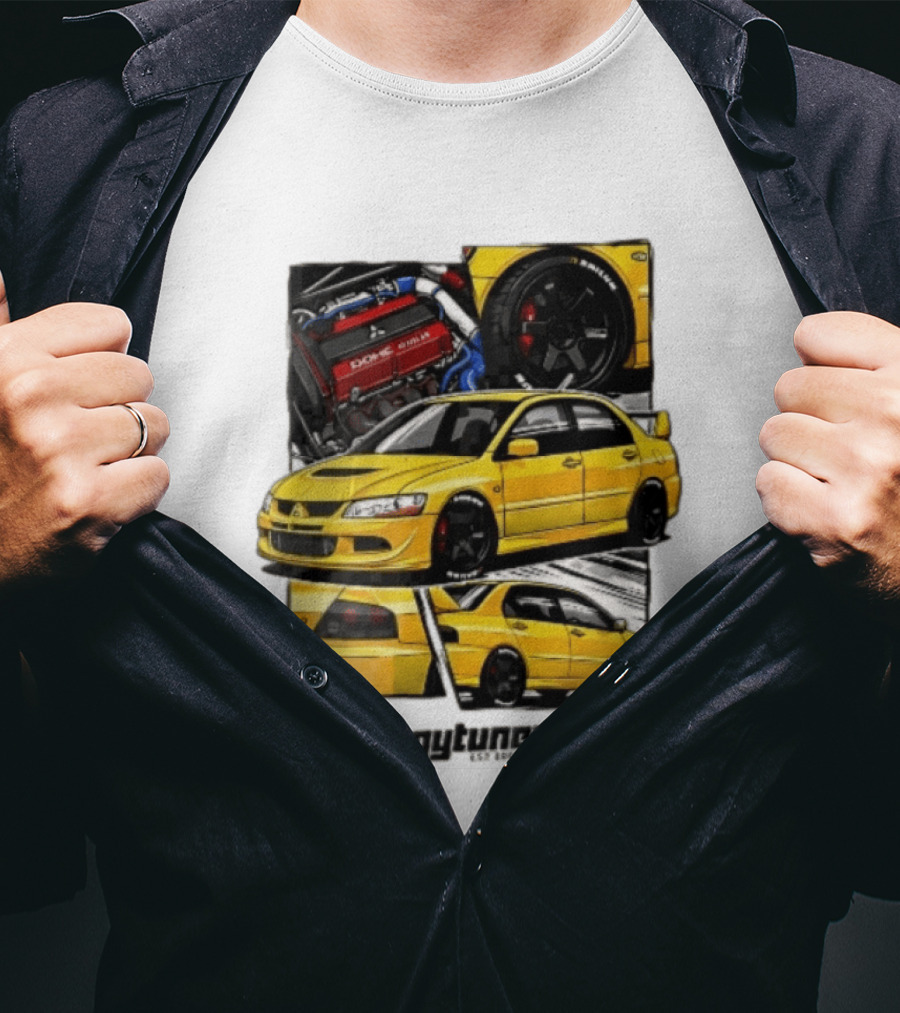 Mitsubishi Egytuner Est 2003 Yellow Lancer Evolution Engine Wheel Panels T-Shirt