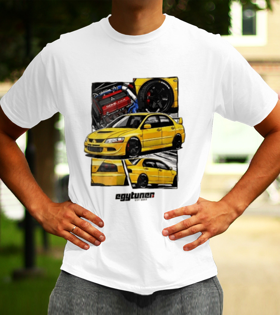 Mitsubishi Egytuner Est 2003 Yellow Lancer Evolution Engine Wheel Panels T-Shirt