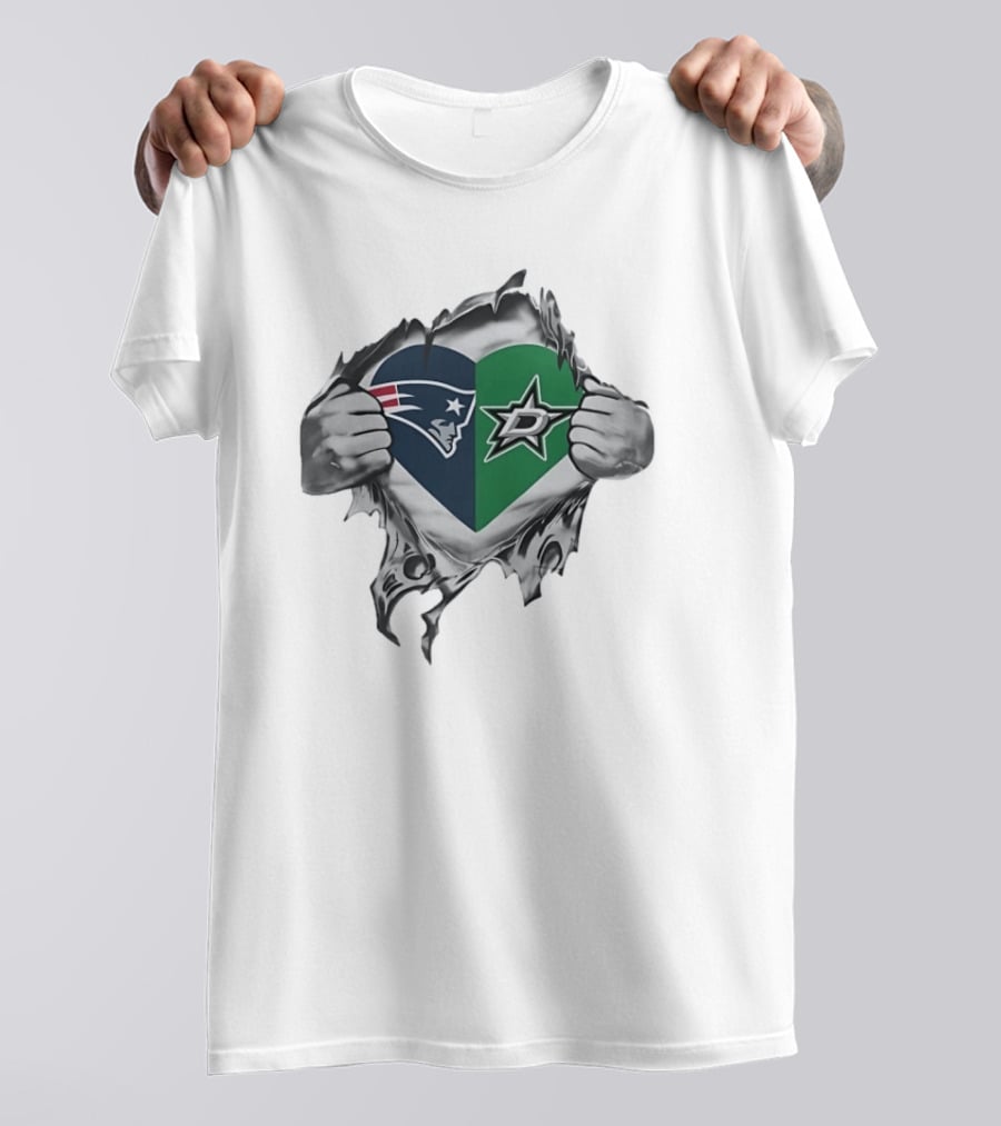 New England Patriots Dallas Stars Heart Split Design Fans T-Shirt