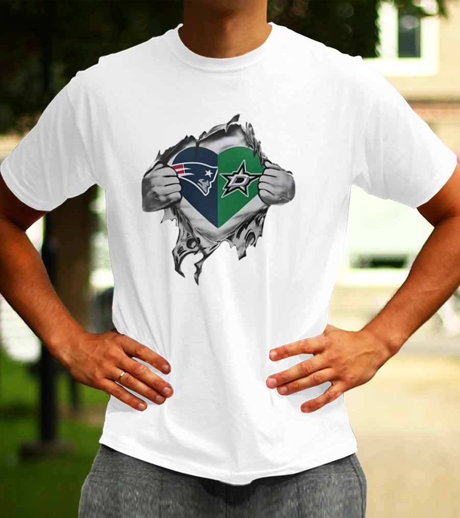 New England Patriots Dallas Stars Heart Split Design Fans T-Shirt