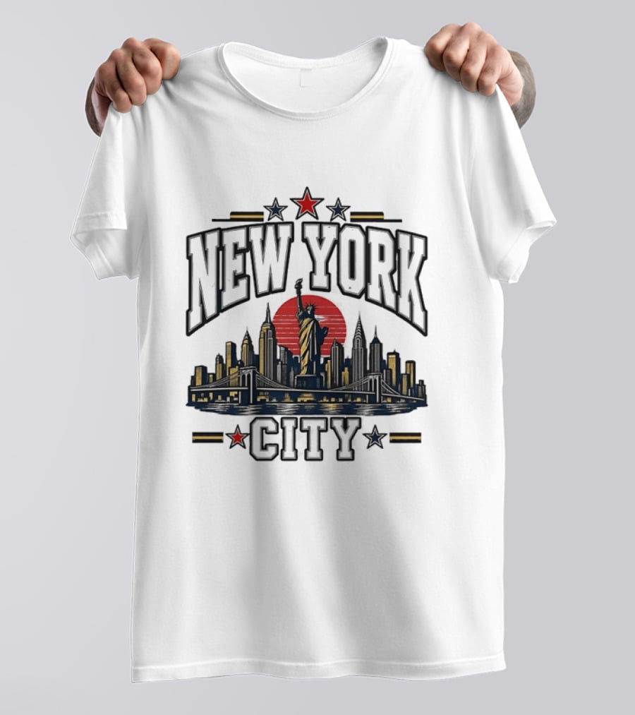 New York City Statue Of Liberty Skyline Red Sun Star Accents T-Shirt