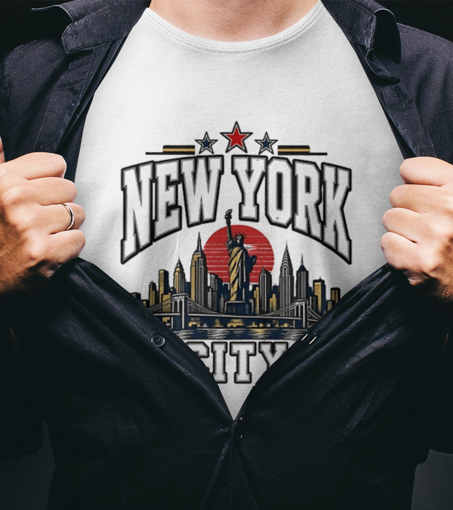 New York City Statue Of Liberty Skyline Red Sun Star Accents T-Shirt