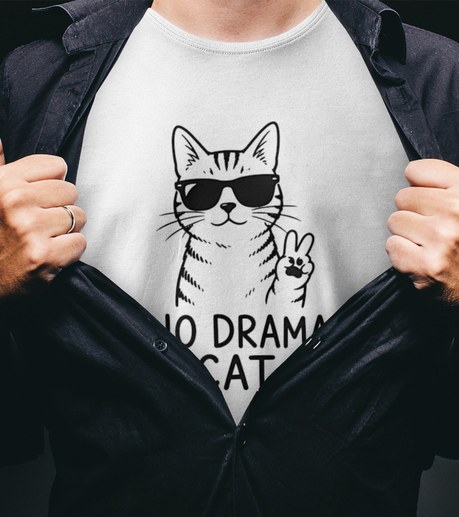 No Drama Cat Sunglasses Peace Sign T-Shirt
