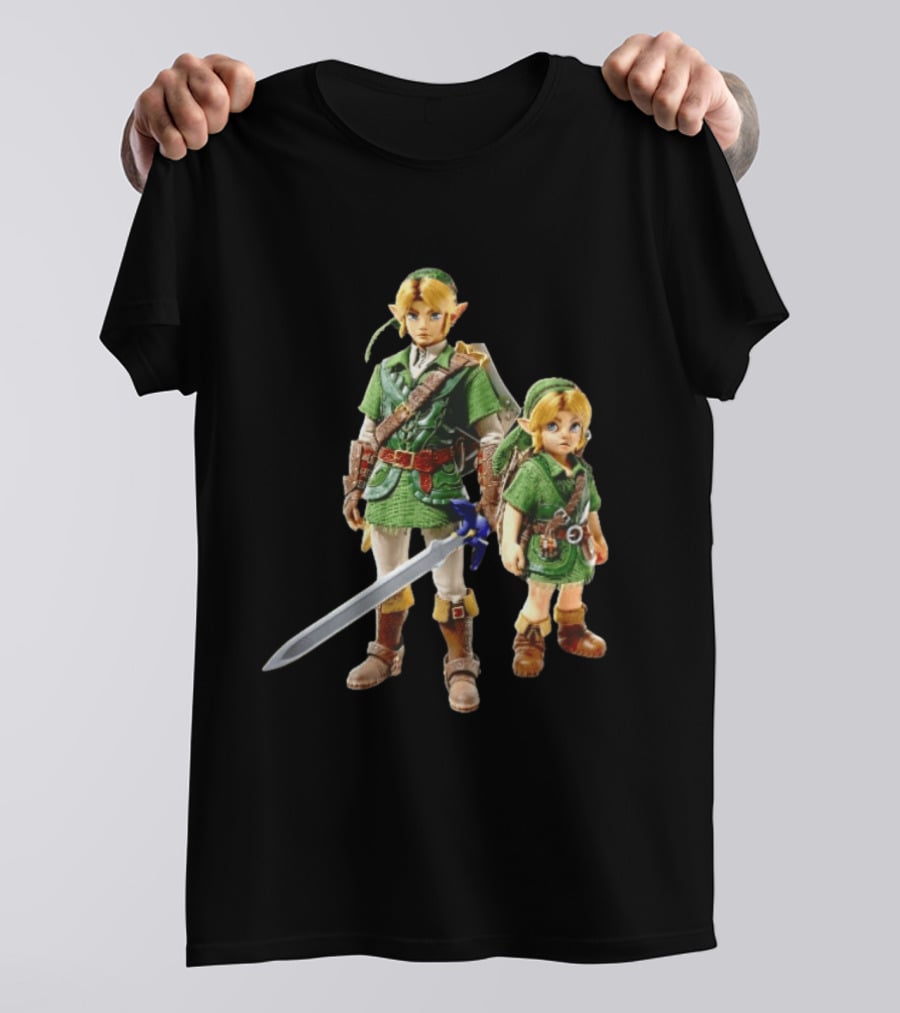 Adult And Young Link Green Tunic Warrior Sword Shield Render T-Shirt