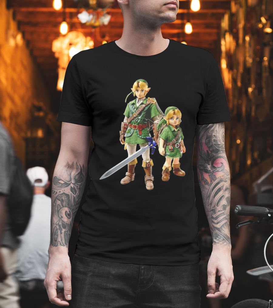 Adult And Young Link Green Tunic Warrior Sword Shield Render T-Shirt