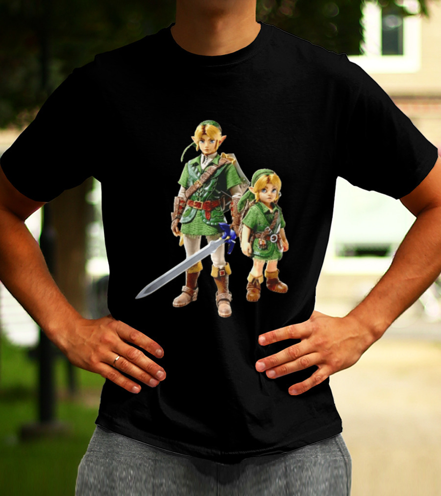 Adult And Young Link Green Tunic Warrior Sword Shield Render T-Shirt