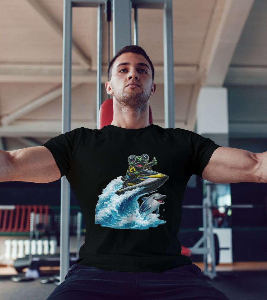 Cartoon Frog Thumbs Up Riding Jet Ski With Dolphin On Ocean Wave T-Shirt