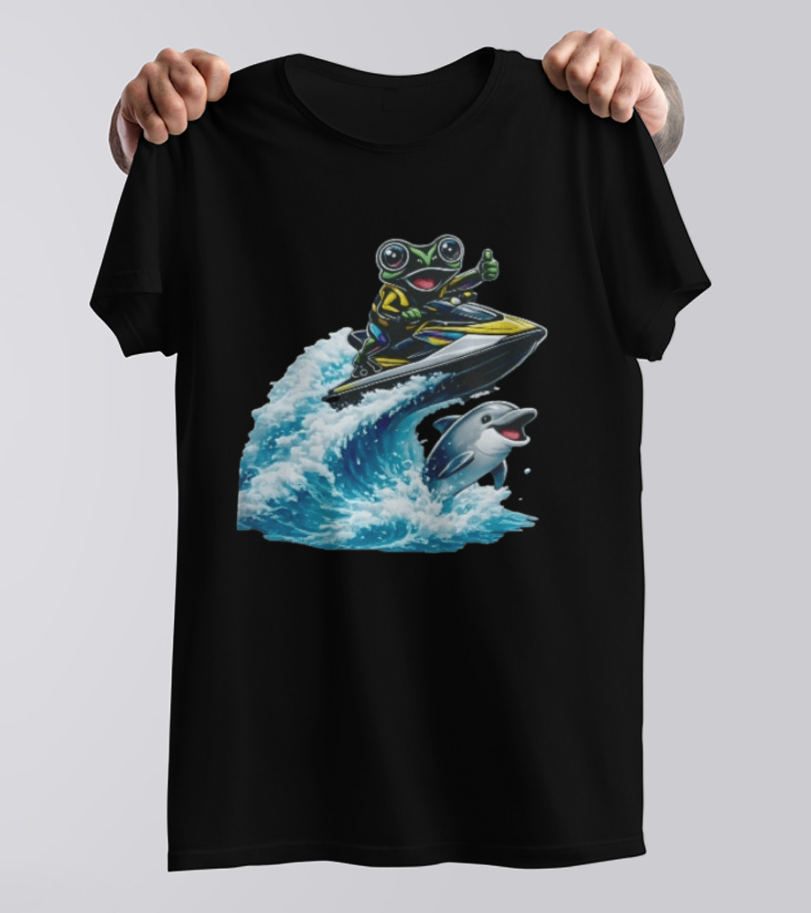 Cartoon Frog Thumbs Up Riding Jet Ski With Dolphin On Ocean Wave T-Shirt