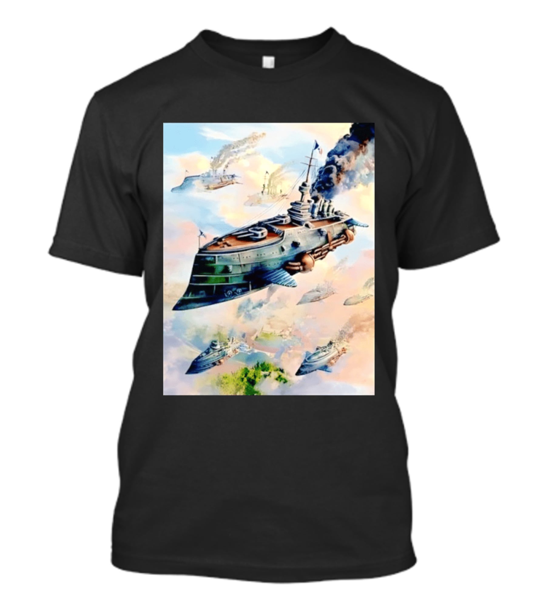 Steampunk Flying Battleship Armada Soaring Through The Clouds T-Shirt