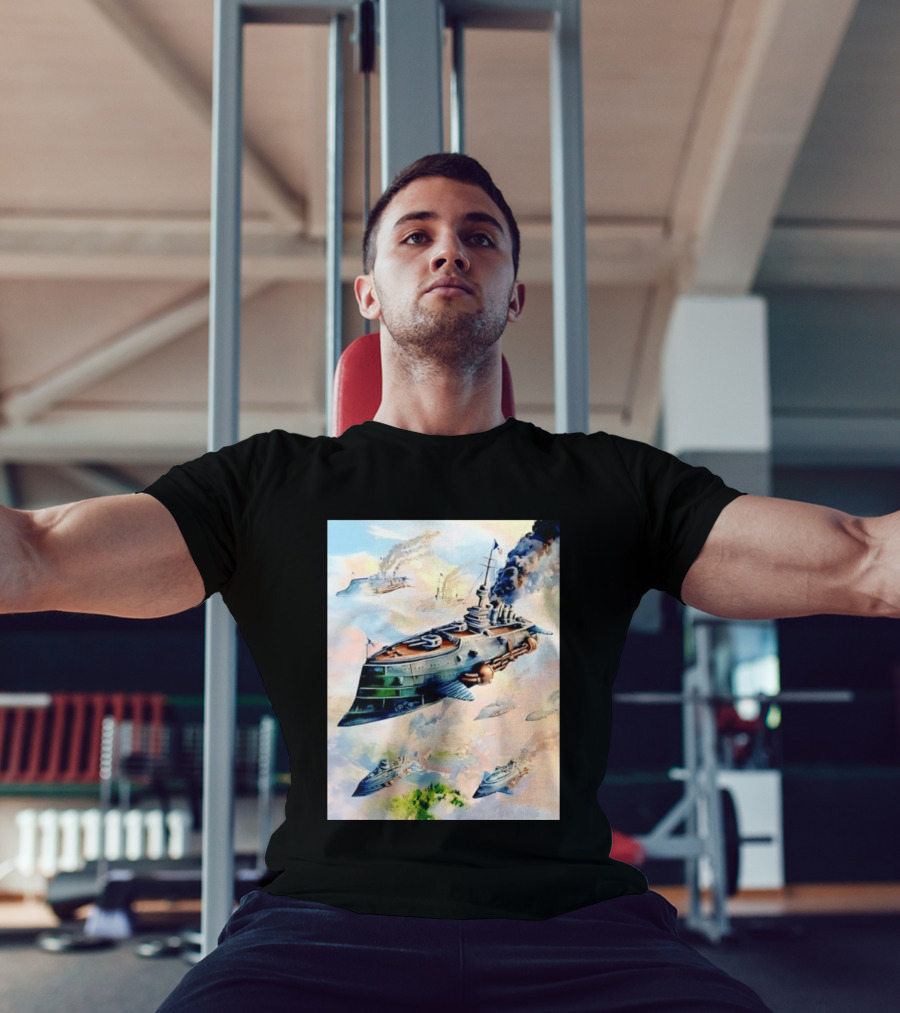 Steampunk Flying Battleship Armada Soaring Through The Clouds T-Shirt