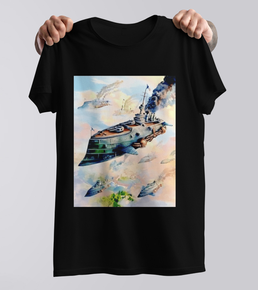 Steampunk Flying Battleship Armada Soaring Through The Clouds T-Shirt
