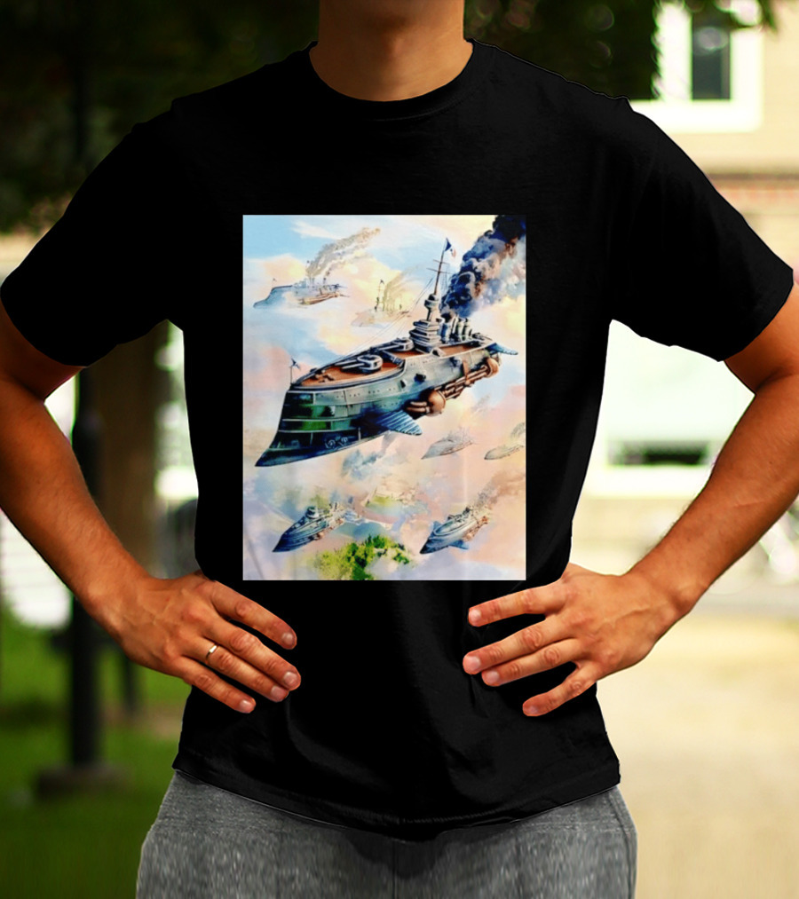 Steampunk Flying Battleship Armada Soaring Through The Clouds T-Shirt