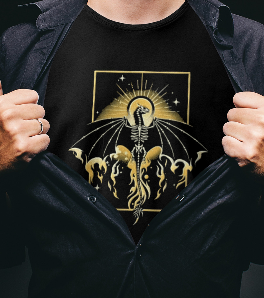 Celestial Gold Skeletal Dragon Wings Sunburst Halo Flames T-Shirt