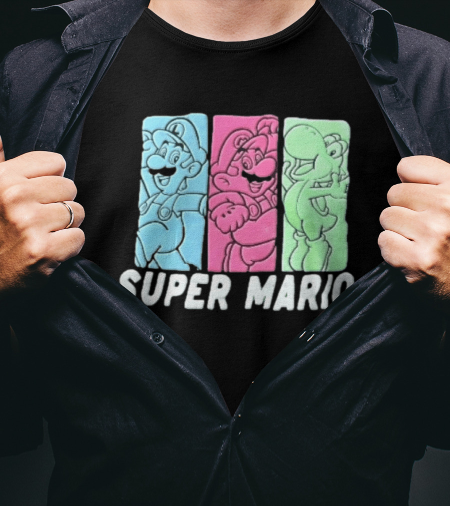 Super Mario Luigi Yoshi Characters Colorful Panels T-Shirt