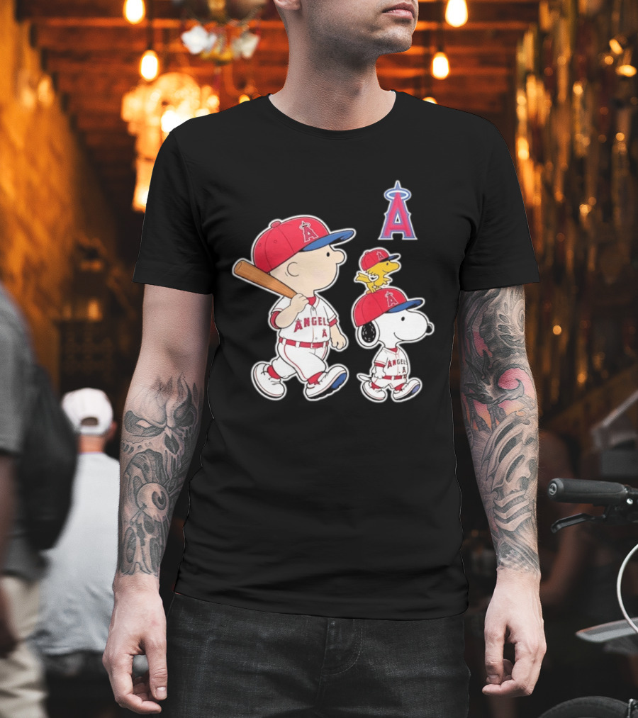 Charlie Brown Snoopy Woodstock Los Angeles Angels Baseball Team T-Shirt