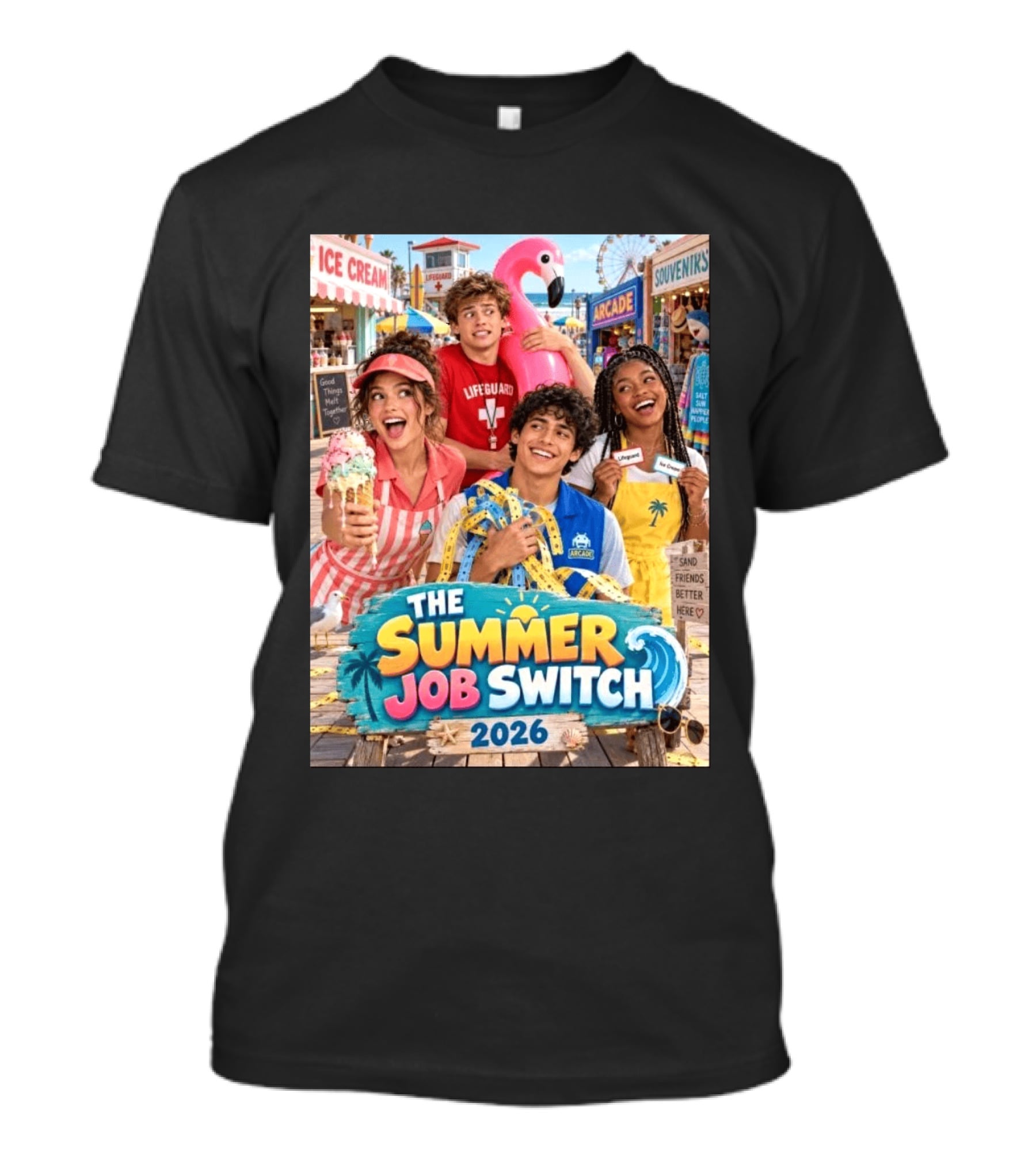 The Summer Job Switch 2026 Ice Cream Adventure Lifeguard Arcade Souvenirs Sand Friends T-Shirt