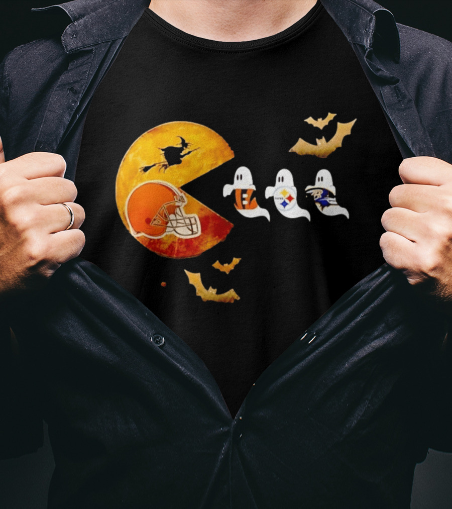 Cleveland Browns Pac Man Vs Bengals Steelers Ravens Halloween Battle T-Shirt