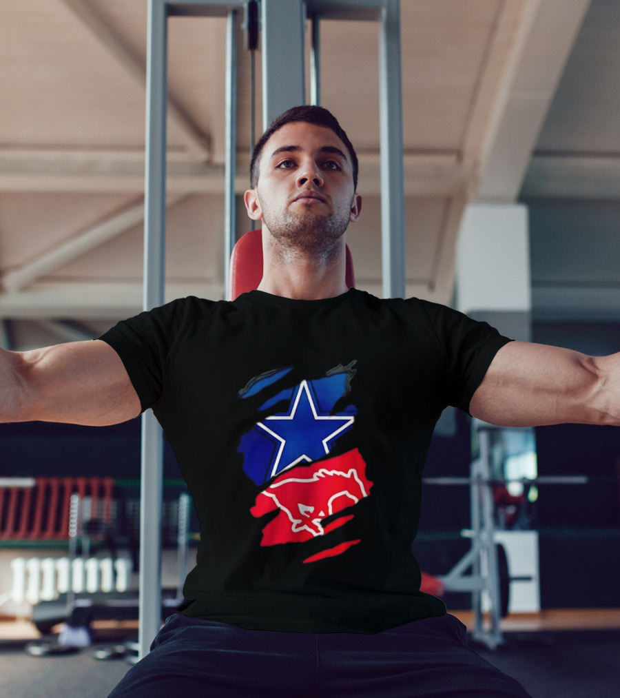 Dallas Cowboys Star And SMU Mustangs Red Ripped Effect T-Shirt