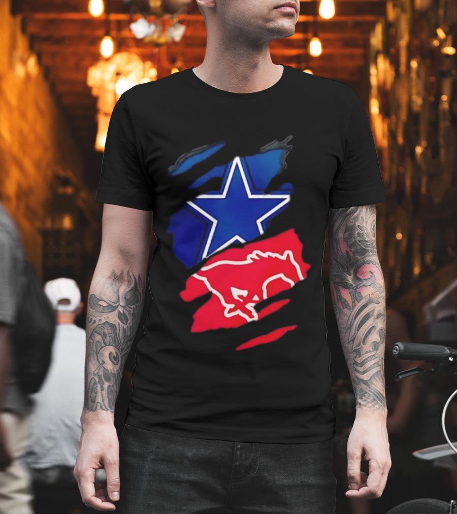 Dallas Cowboys Star And SMU Mustangs Red Ripped Effect T-Shirt