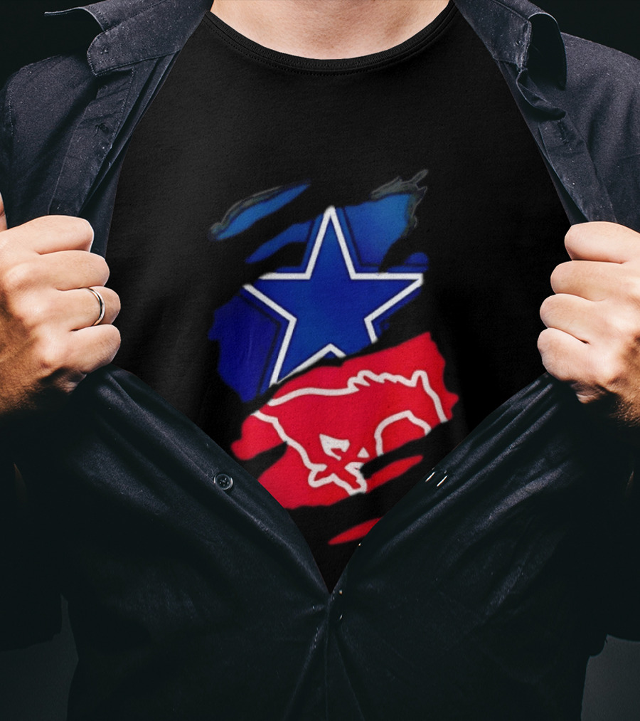 Dallas Cowboys Star And SMU Mustangs Red Ripped Effect T-Shirt