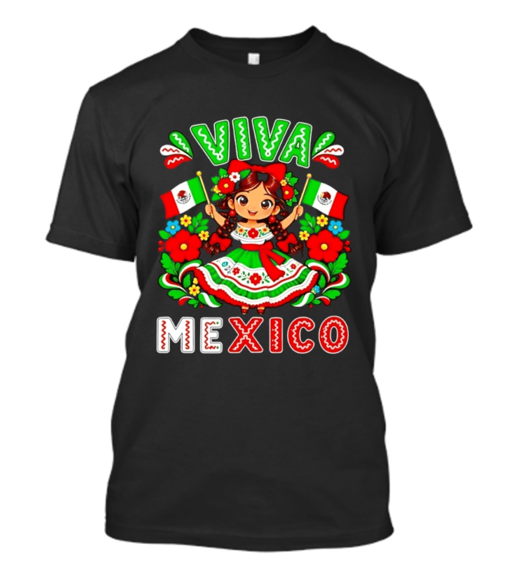 Viva Mexico Traditional Dress Girl With Flags Mexican Celebration T-Shirt