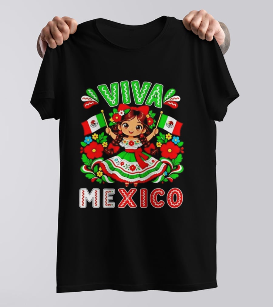 Viva Mexico Traditional Dress Girl With Flags Mexican Celebration T-Shirt