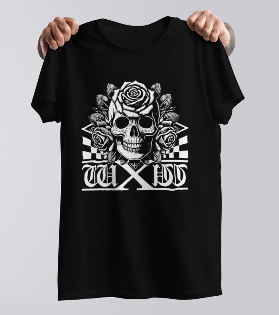 W X W Skull Roses Checkered Goth T-Shirt