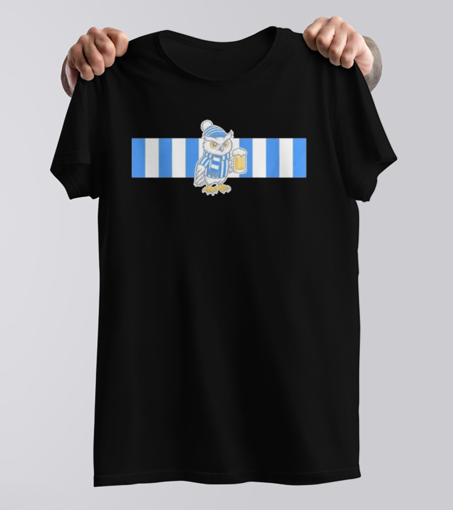 Owl In Blue And White Stripes With Beer T-Shirt