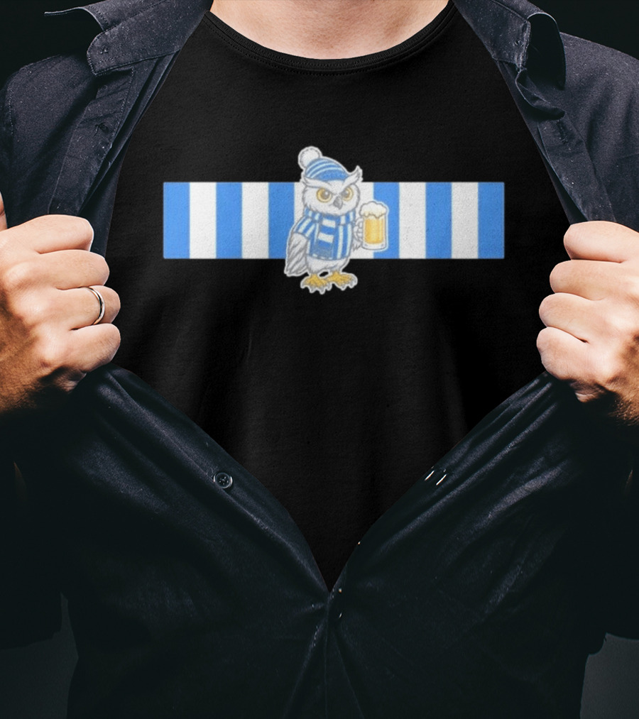 Owl In Blue And White Stripes With Beer T-Shirt
