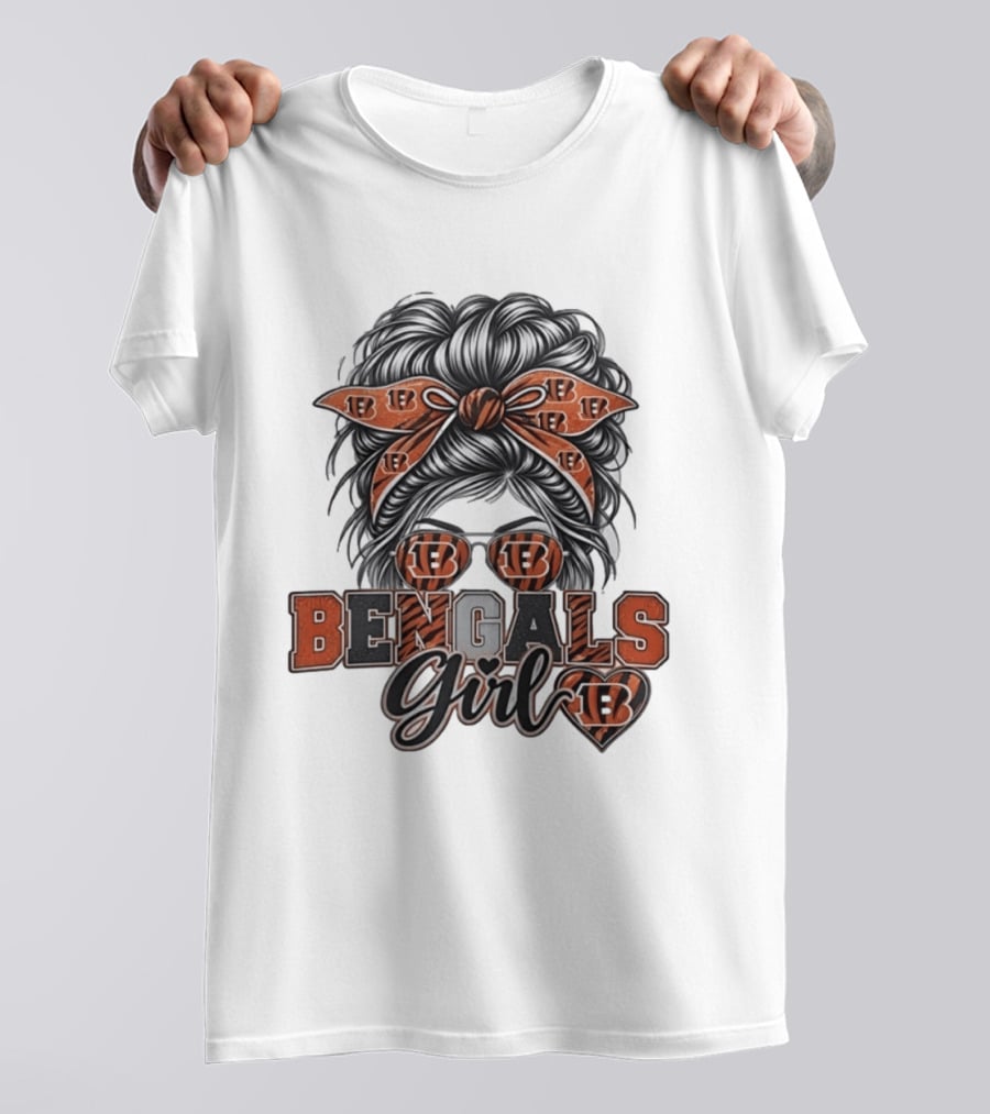Bengals Girl Messy Bun Fan With Glasses And Bow T-Shirt