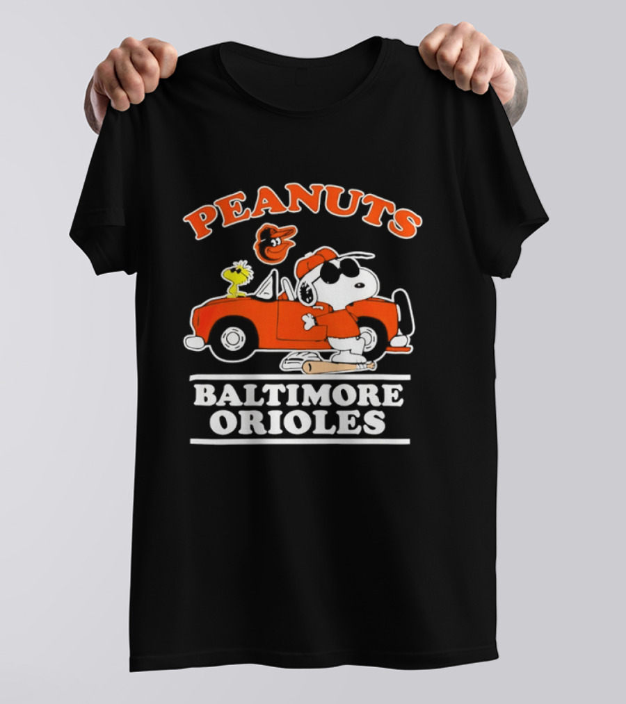 Peanuts Snoopy And Woodstock Driving Baltimore Orioles Car T-Shirt