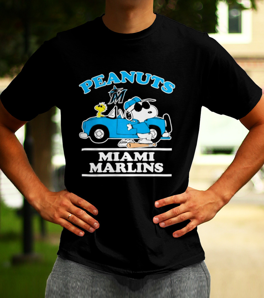 Peanuts Snoopy And Woodstock Miami Marlins Baseball Driving Adventure T-Shirt