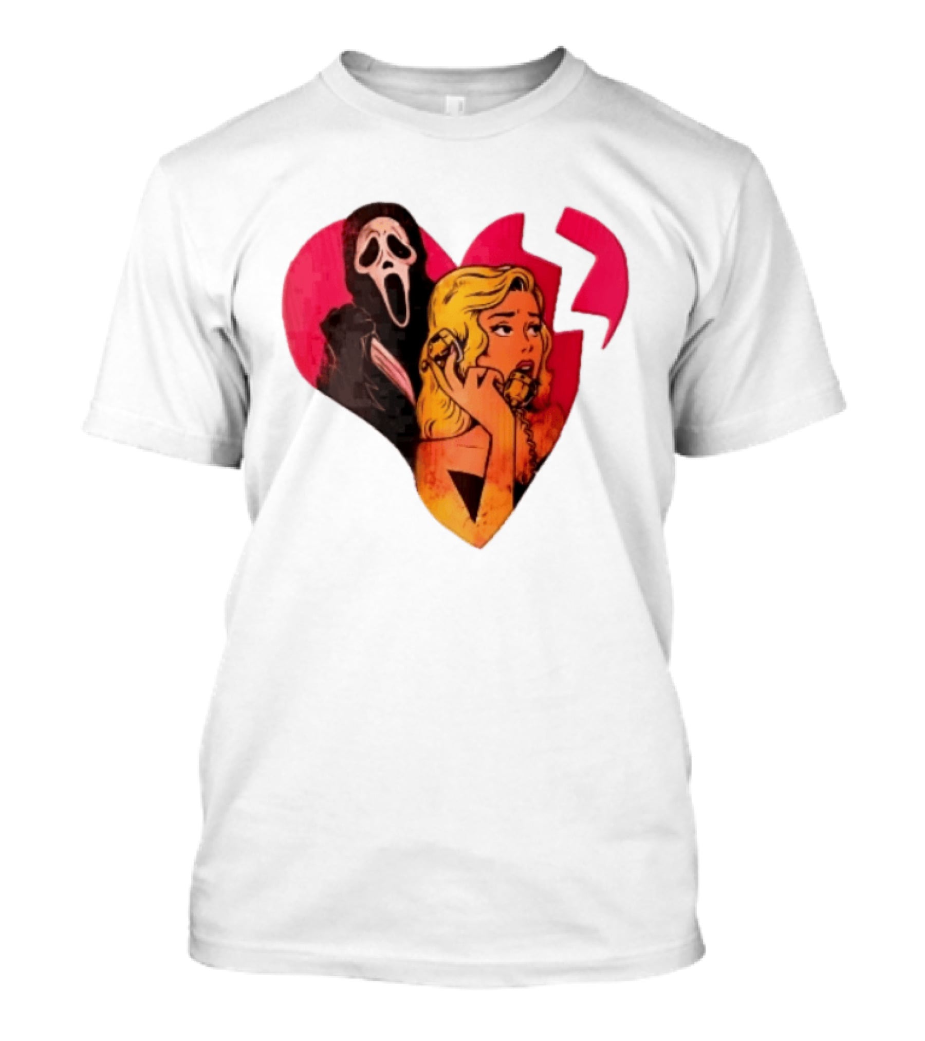 Cartoon Blonde Woman Ghostface Broken Pink Heart Knife Phone T-Shirt