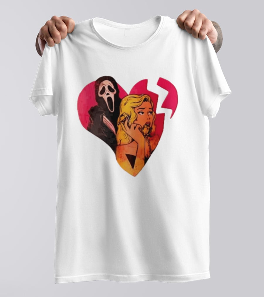 Cartoon Blonde Woman Ghostface Broken Pink Heart Knife Phone T-Shirt